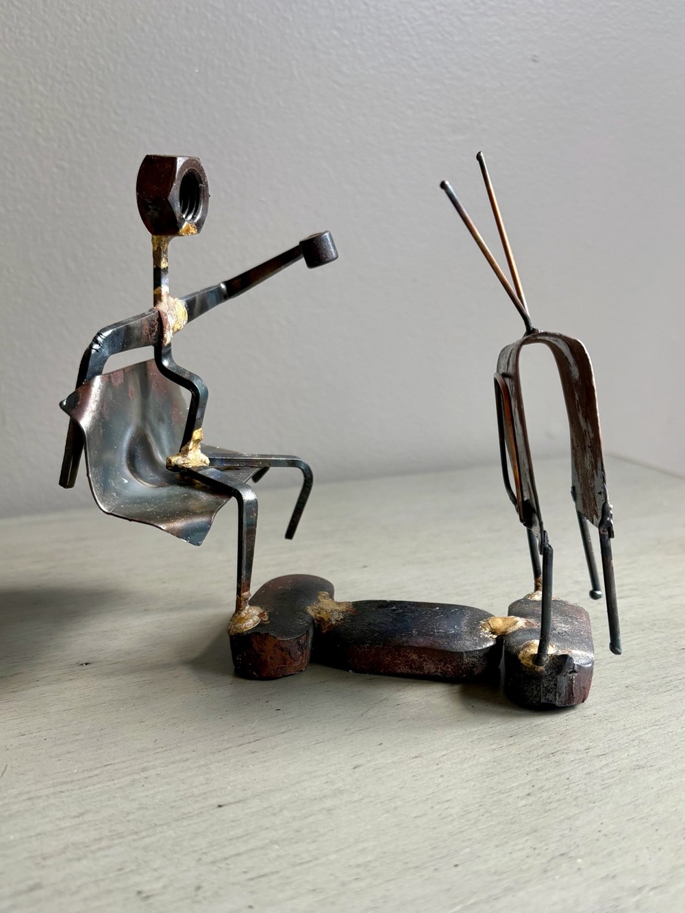 Vintage 90s Handmade Scrap Junk Metal Art Sculpture Figure TV Watch Sports Game